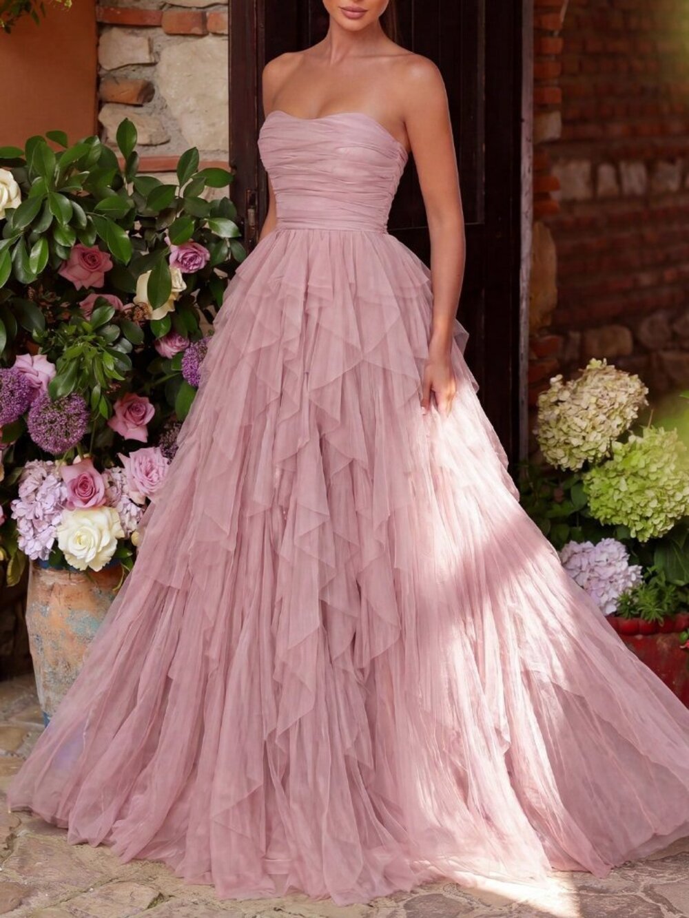Baby Pink Elegant Women's Strapless Ruffle Tulle A-Line Bridal Dress
